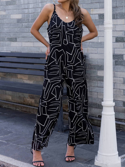 Jumpsuits- Sleeveless Wide-Leg Pantsuit | Black Print Cami Jumpsuit- Black- Pekosa Women Clothing