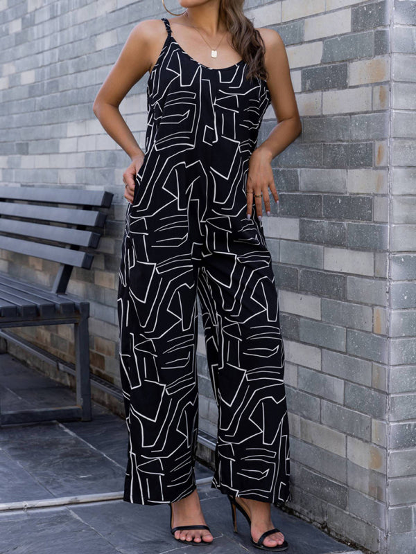 Jumpsuits- Sleeveless Wide-Leg Pantsuit | Black Print Cami Jumpsuit- - Pekosa Women Clothing