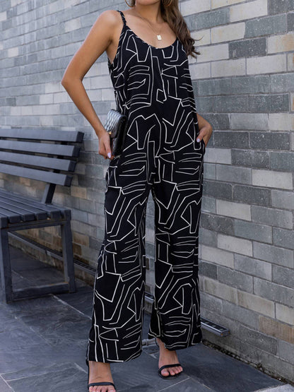 Jumpsuits- Sleeveless Wide-Leg Pantsuit | Black Print Cami Jumpsuit- - Pekosa Women Clothing