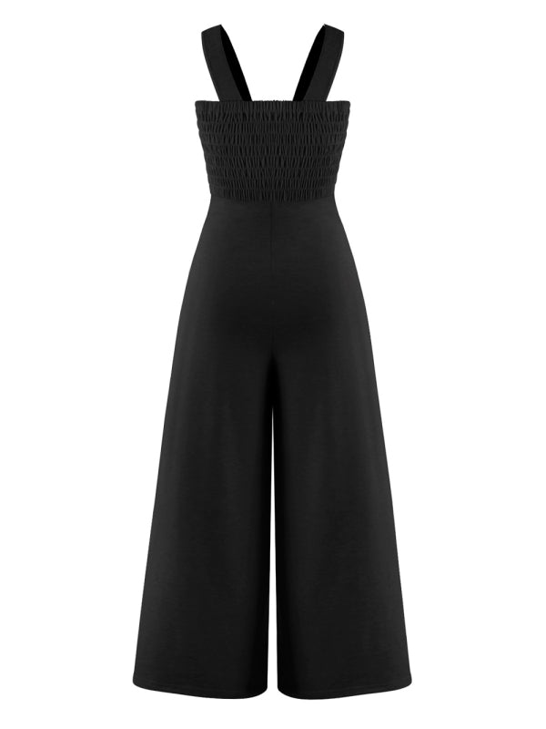 Jumpsuits- Smocked Bodice Playsuit - Solid Wide-Leg Jumpsuit- - Pekosa Women Clothing