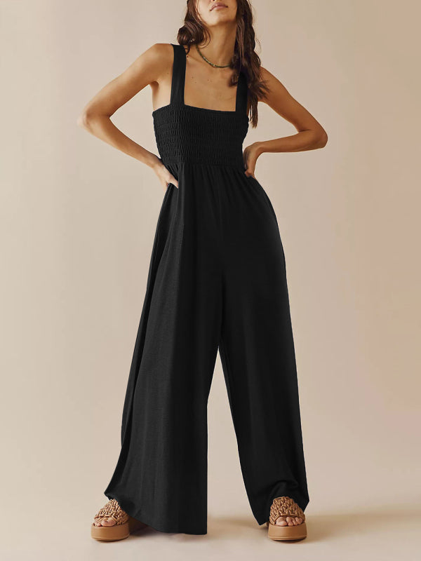 Jumpsuits- Smocked Bodice Playsuit - Solid Wide-Leg Jumpsuit- - Pekosa Women Clothing