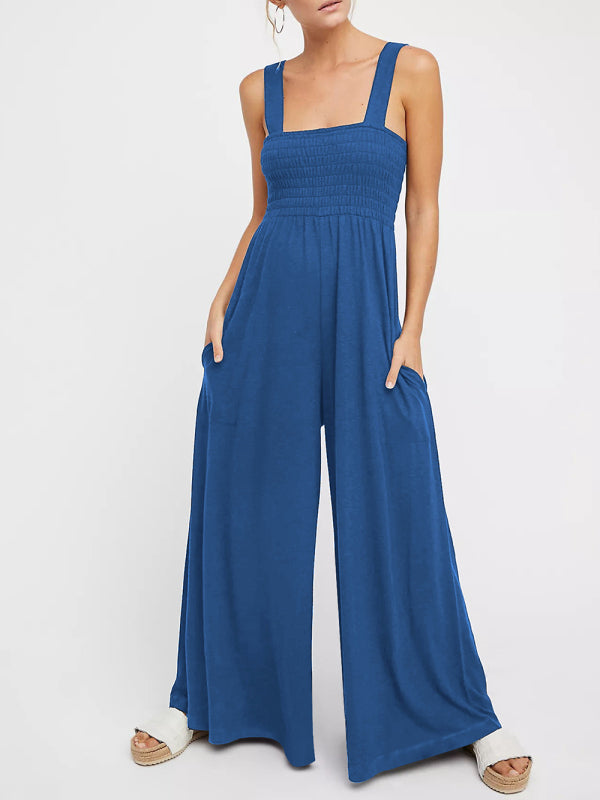 Jumpsuits- Smocked Bodice Playsuit - Solid Wide-Leg Jumpsuit- Blue- Pekosa Women Clothing