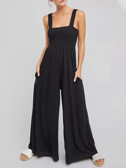 Jumpsuits- Smocked Bodice Playsuit - Solid Wide-Leg Jumpsuit- Black- Pekosa Women Clothing