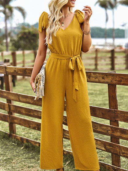 Jumpsuits- Solid Belt Tie Jumpsuit - Shoulder Knot Tank Pantsuits- - Pekosa Women Clothing