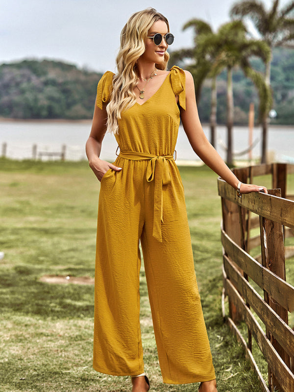 Jumpsuits- Solid Belt Tie Jumpsuit - Shoulder Knot Tank Pantsuits- - Pekosa Women Clothing