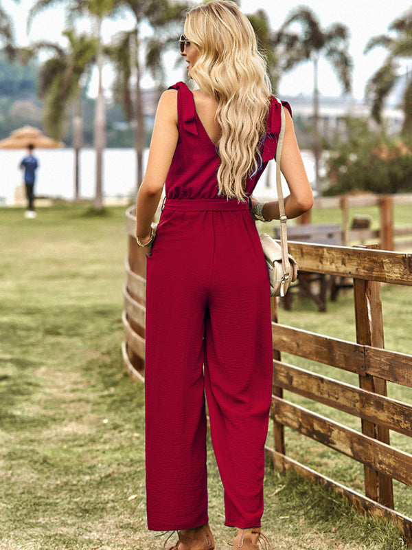 Jumpsuits- Solid Belt Tie Jumpsuit - Shoulder Knot Tank Pantsuits- - Pekosa Women Clothing