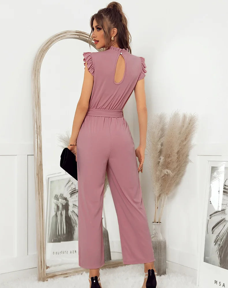 Jumpsuits- Solid Belted Jumpsuit - Women's Full-Length Playsuit with Frill Collar- - Pekosa Women Fashion