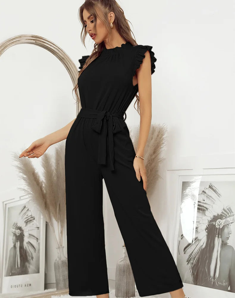 Jumpsuits- Solid Belted Jumpsuit - Women's Full-Length Playsuit with Frill Collar- - Pekosa Women Fashion