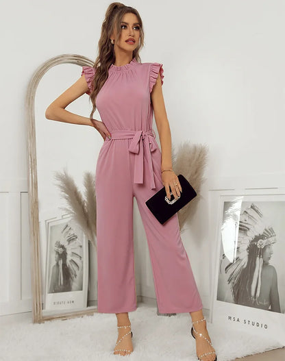 Jumpsuits- Solid Belted Jumpsuit - Women's Full-Length Playsuit with Frill Collar- - Pekosa Women Fashion