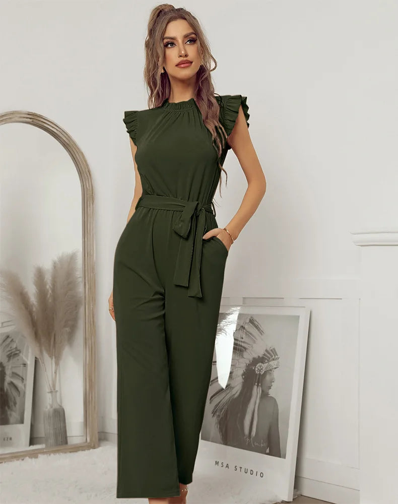 Jumpsuits- Solid Belted Jumpsuit - Women's Full-Length Playsuit with Frill Collar- - Pekosa Women Fashion