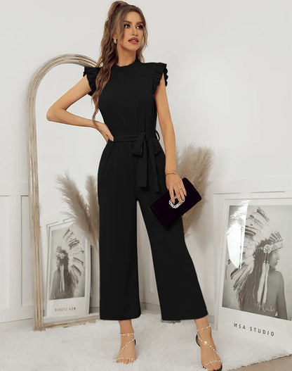 Jumpsuits- Solid Belted Jumpsuit - Women's Full-Length Playsuit with Frill Collar- - Pekosa Women Fashion