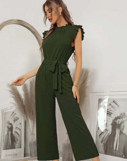 Jumpsuits- Solid Belted Jumpsuit - Women's Full-Length Playsuit with Frill Collar- - Pekosa Women Fashion