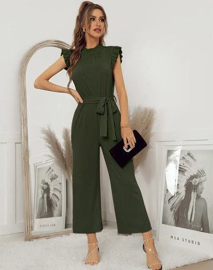Jumpsuits- Solid Belted Jumpsuit - Women's Full-Length Playsuit with Frill Collar- - Pekosa Women Fashion