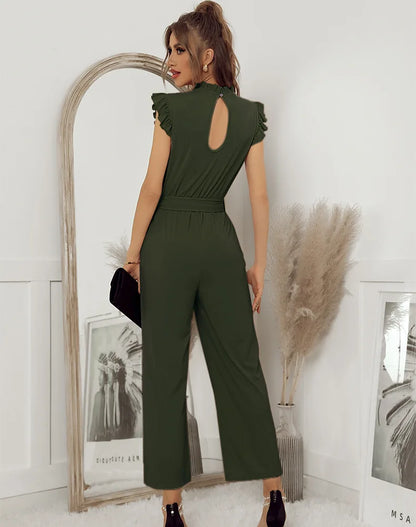 Jumpsuits- Solid Belted Jumpsuit - Women's Full-Length Playsuit with Frill Collar- - Pekosa Women Fashion