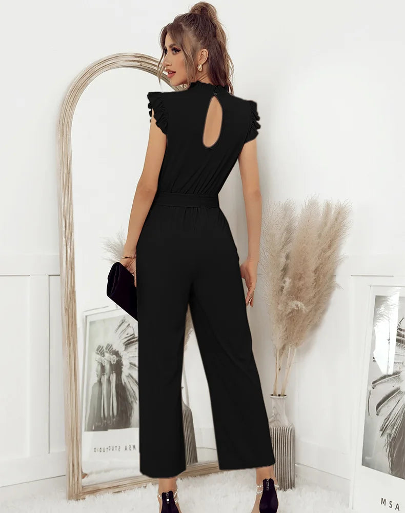 Jumpsuits- Solid Belted Jumpsuit - Women's Full-Length Playsuit with Frill Collar- - Pekosa Women Fashion