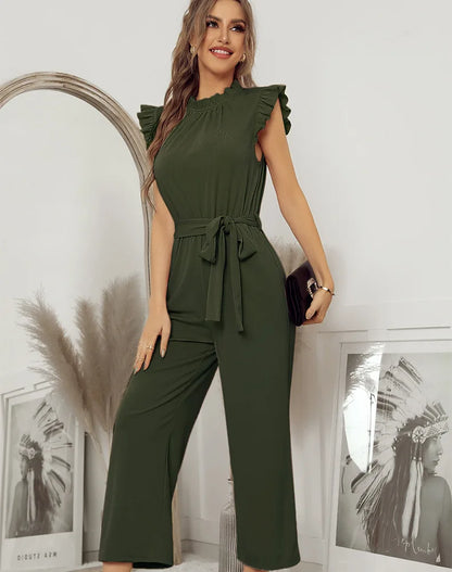 Jumpsuits- Solid Belted Jumpsuit - Women's Full-Length Playsuit with Frill Collar- - Pekosa Women Fashion