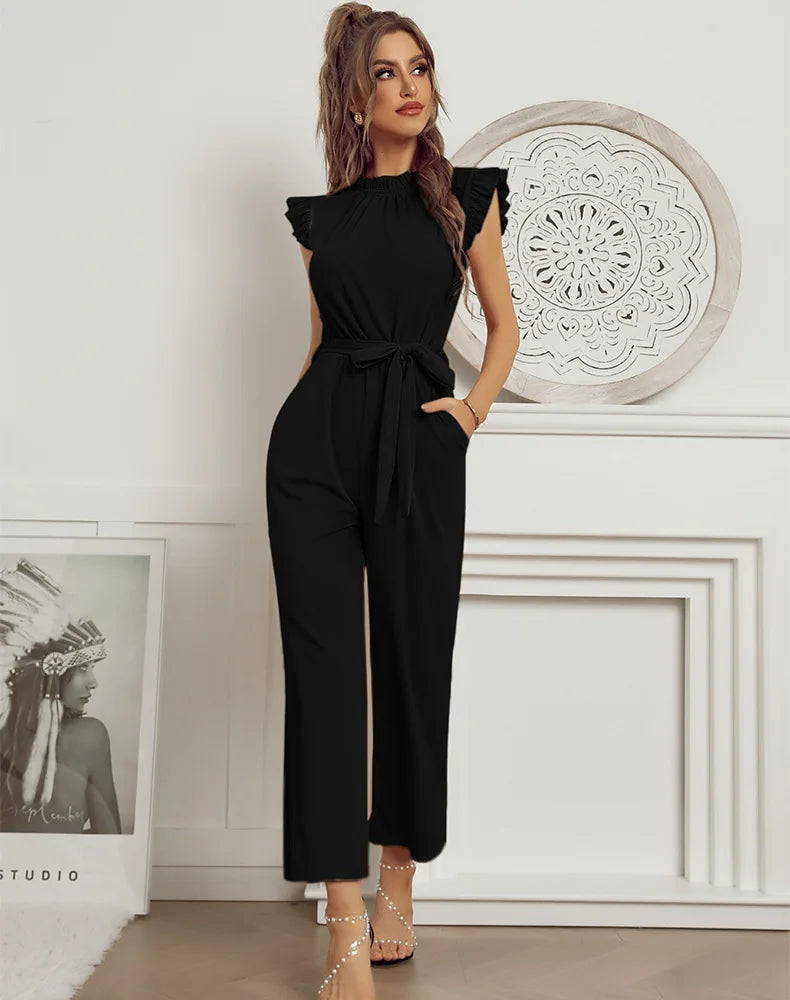 Jumpsuits- Solid Belted Jumpsuit - Women's Full-Length Playsuit with Frill Collar- - Pekosa Women Fashion