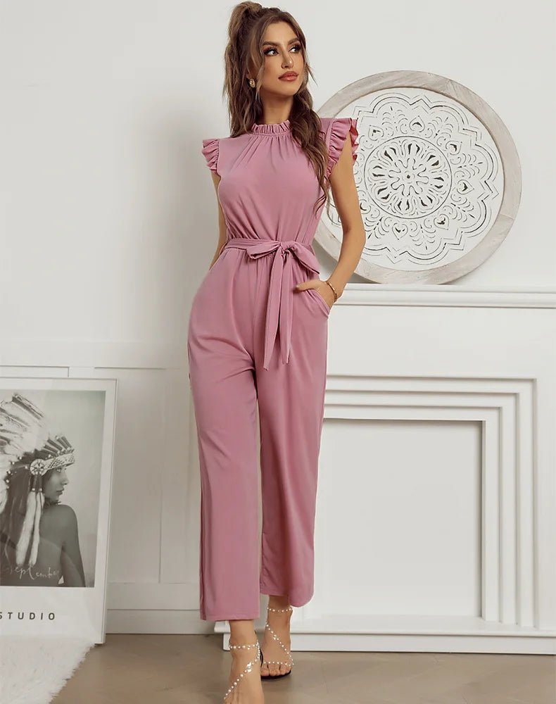 Jumpsuits- Solid Belted Jumpsuit - Women's Full-Length Playsuit with Frill Collar- - Pekosa Women Fashion