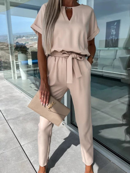 Jumpsuits- Solid Jumpsuit with Pencil Pants - Women’s Pantsuits- Cracker khaki- Pekosa Women Clothing