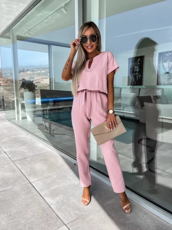 Jumpsuits- Solid Jumpsuit with Pencil Pants - Women’s Pantsuits- Pink- Pekosa Women Clothing