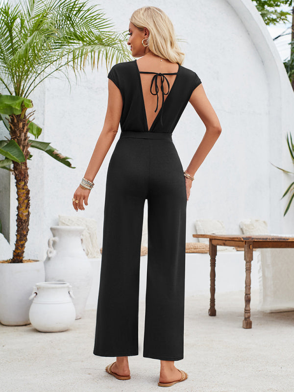 Solid Knot Cutout Jumpsuit - Women's Straight-Leg Full-Length Playsuit