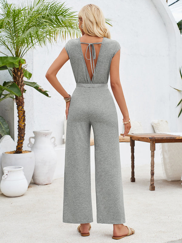 Solid Knot Cutout Jumpsuit - Women's Straight-Leg Full-Length Playsuit