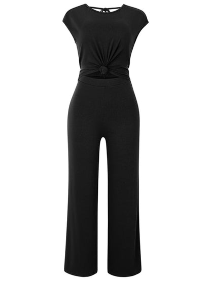 Solid Knot Cutout Jumpsuit - Women's Straight-Leg Full-Length Playsuit