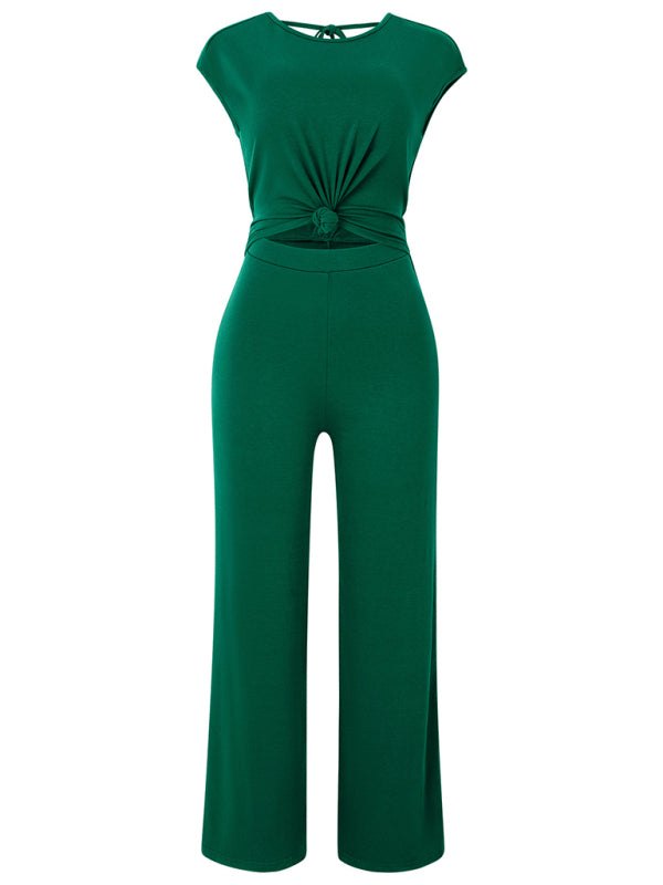 Solid Knot Cutout Jumpsuit - Women's Straight-Leg Full-Length Playsuit