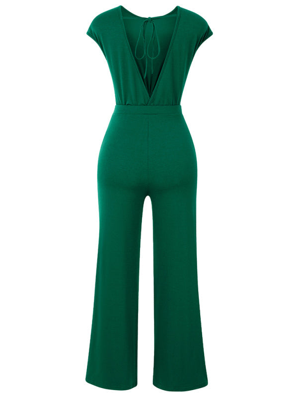 Solid Knot Cutout Jumpsuit – Damen-Playsuit mit geradem Bein und durchgehender Länge