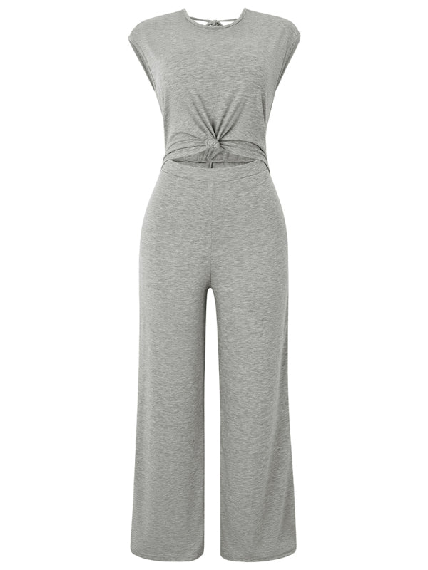 Solid Knot Cutout Jumpsuit - Women's Straight-Leg Full-Length Playsuit