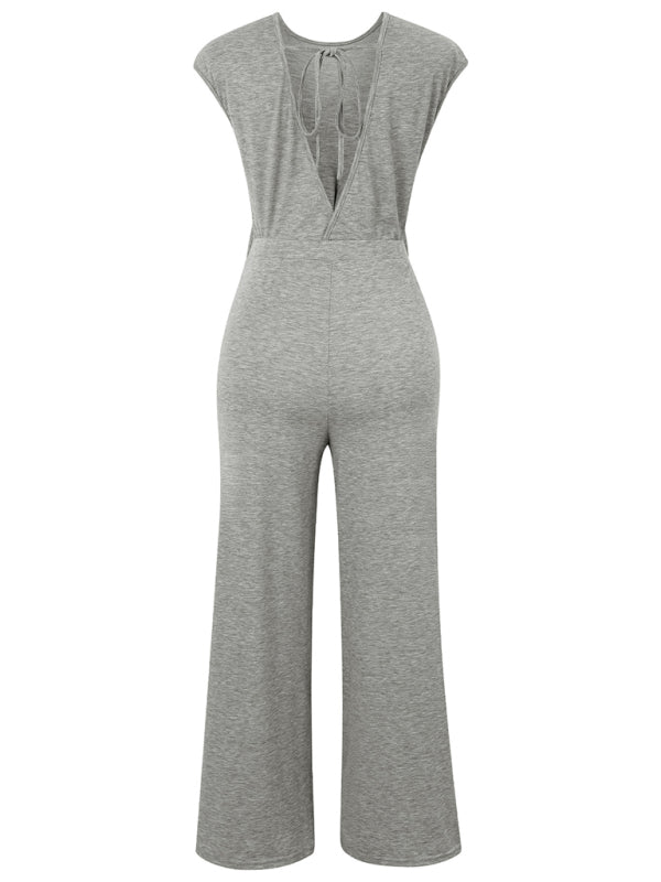 Solid Knot Cutout Jumpsuit - Women's Straight-Leg Full-Length Playsuit