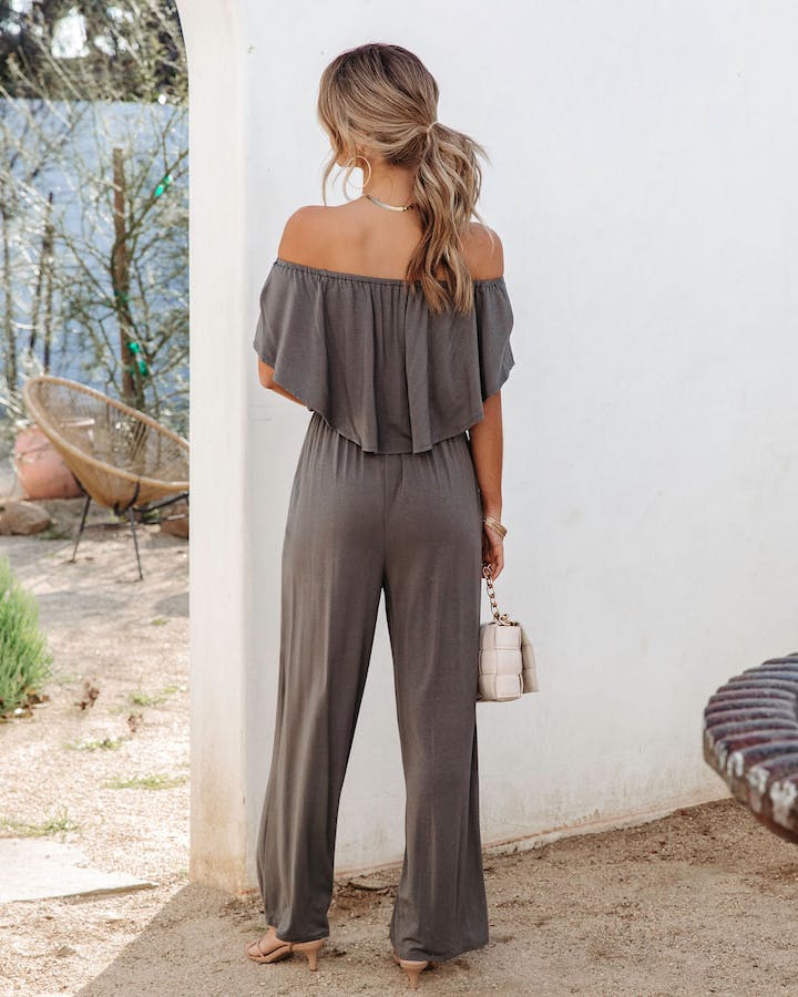 Jumpsuits- Solid Off-Shoulder Wide-Leg Elastic-Waist Jumpsuit- - Pekosa Women Clothing