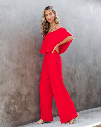 Jumpsuits- Solid Off-Shoulder Wide-Leg Elastic-Waist Jumpsuit- - Pekosa Women Clothing