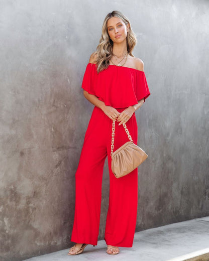 Jumpsuits- Solid Off-Shoulder Wide-Leg Elastic-Waist Jumpsuit- - Pekosa Women Clothing