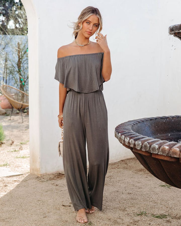 Jumpsuits- Solid Off-Shoulder Wide-Leg Elastic-Waist Jumpsuit- - Pekosa Women Clothing