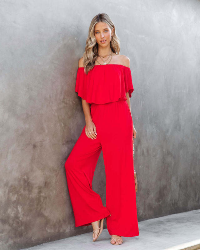 Jumpsuits- Solid Off-Shoulder Wide-Leg Elastic-Waist Jumpsuit- Red- Pekosa Women Clothing