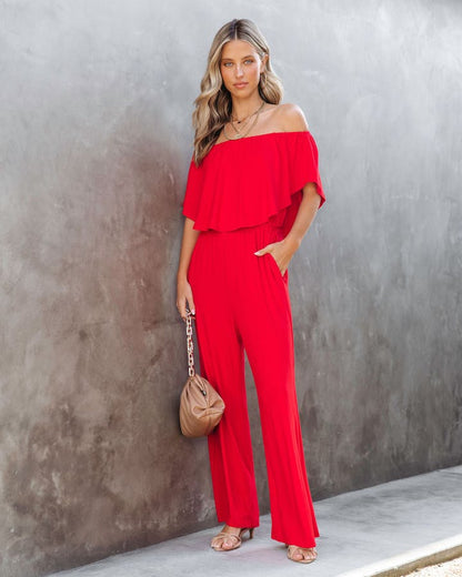 Jumpsuits- Solid Off-Shoulder Wide-Leg Elastic-Waist Jumpsuit- - Pekosa Women Clothing