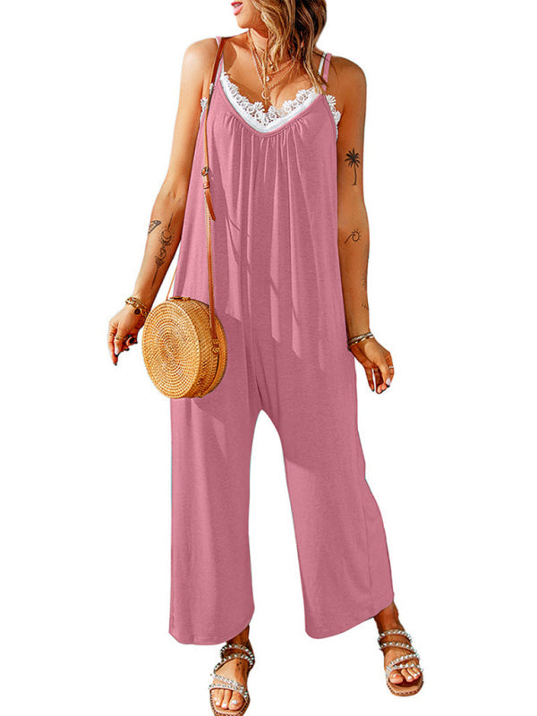 Jumpsuits- Solid Oversized Jumpsuit with Pockets – Essential Cami Playsuit- Pink- Pekosa Women Clothing