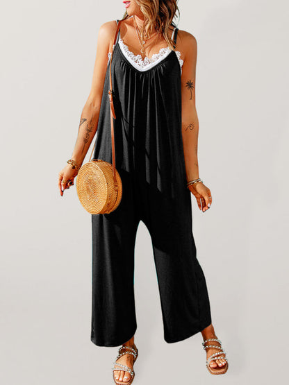 Jumpsuits- Solid Oversized Jumpsuit with Pockets – Essential Cami Playsuit- Black- Pekosa Women Clothing