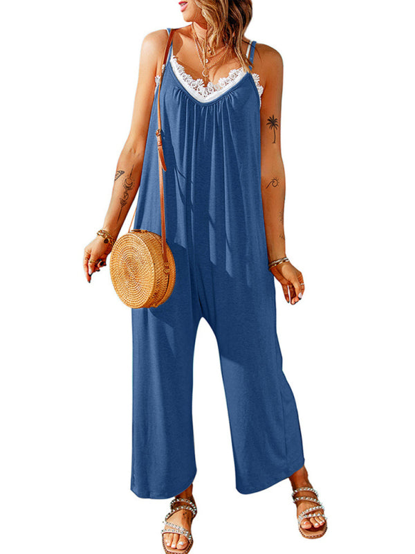 Jumpsuits- Solid Oversized Jumpsuit with Pockets – Essential Cami Playsuit- Cobalt blue- Pekosa Women Clothing