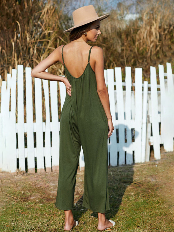 Jumpsuits- Solid Oversized Jumpsuit with Pockets – Essential Cami Playsuit- - Pekosa Women Clothing