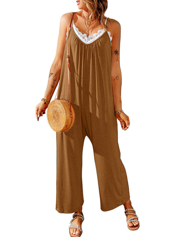 Jumpsuits- Solid Oversized Jumpsuit with Pockets – Essential Cami Playsuit- Brown- Pekosa Women Clothing