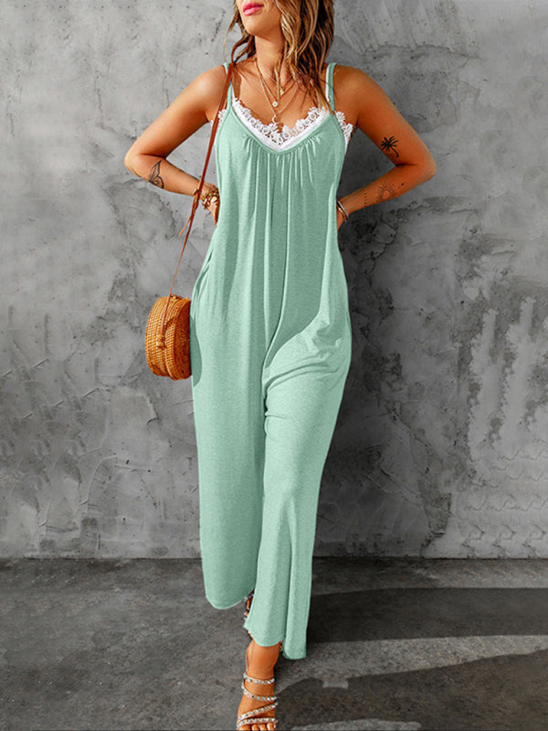 Jumpsuits- Solid Oversized Jumpsuit with Pockets – Essential Cami Playsuit- Pale green- Pekosa Women Clothing