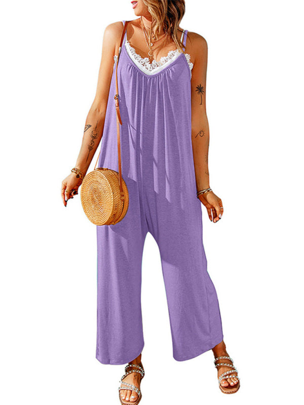 Jumpsuits- Solid Oversized Jumpsuit with Pockets – Essential Cami Playsuit- Purple- Pekosa Women Clothing