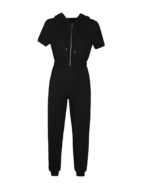 Jumpsuits- Splid Short-Sleeve Zip-Up Jumpsuit - Smocked Waist Pantsuit- - Pekosa Women Clothing