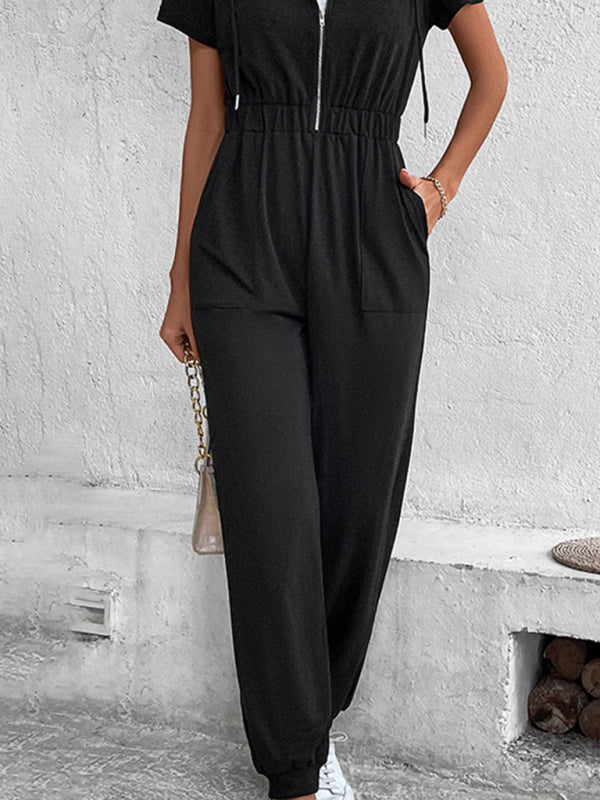 Jumpsuits- Splid Short-Sleeve Zip-Up Jumpsuit - Smocked Waist Pantsuit- - Pekosa Women Clothing