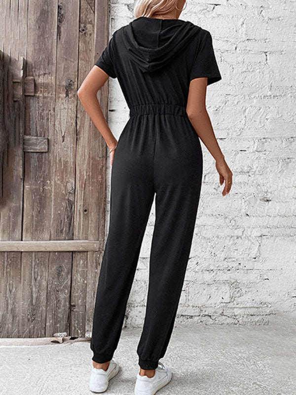 Jumpsuits- Splid Short-Sleeve Zip-Up Jumpsuit - Smocked Waist Pantsuit- - Pekosa Women Clothing