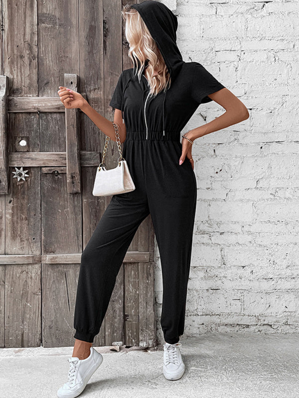 Jumpsuits- Splid Short-Sleeve Zip-Up Jumpsuit - Smocked Waist Pantsuit- - Pekosa Women Clothing