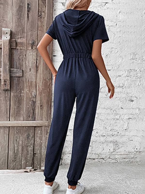 Jumpsuits- Splid Short-Sleeve Zip-Up Jumpsuit - Smocked Waist Pantsuit- - Pekosa Women Clothing