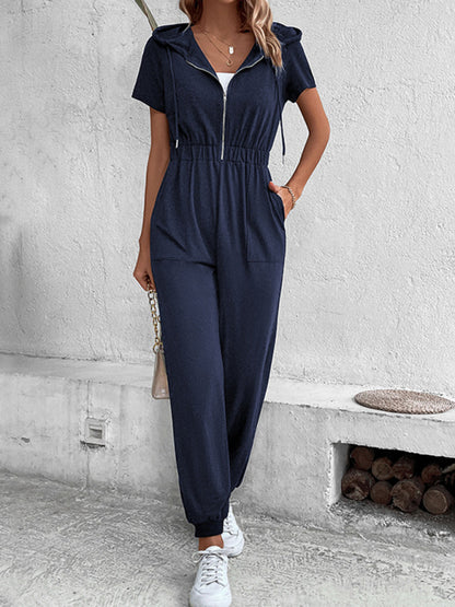 Jumpsuits- Splid Short-Sleeve Zip-Up Jumpsuit - Smocked Waist Pantsuit- - Pekosa Women Clothing